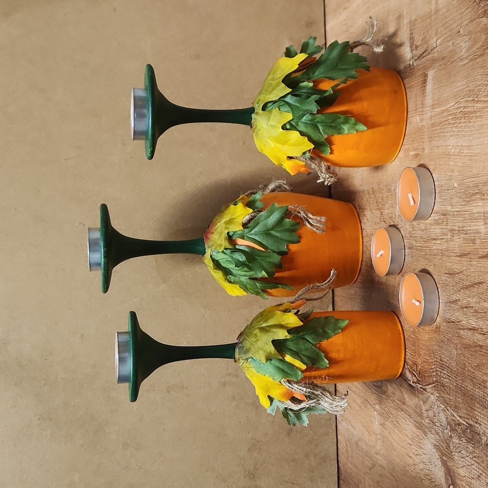 Upcycled Hand Crafted Pumpkin Wine Glass Candle Holder Set of 3